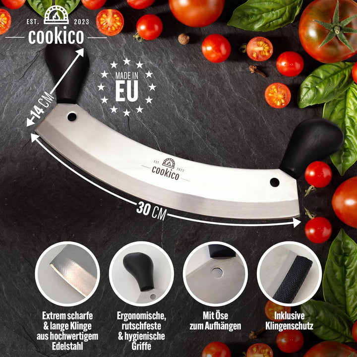 Pizzaschneider 30cm gross mit ergonomischen Handgriffen & Klingenschutz – Profi Wiegemesser für Pizz