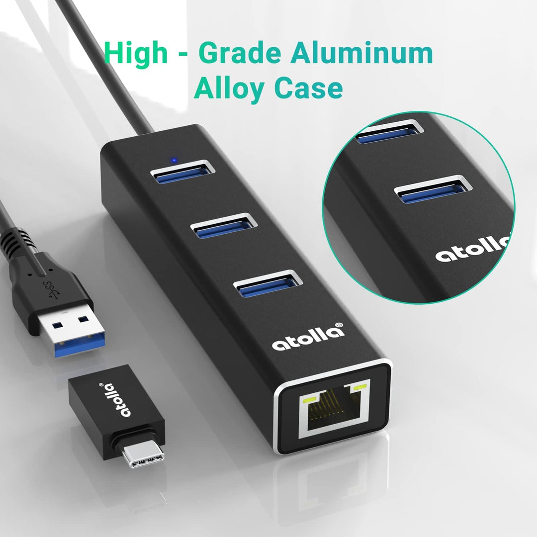 atolla USB LAN Adapter, Aluminium USB Hub mit 3 USB 3.0 Ports und RJ45 Gigabit Ethernet Netzwerkadap