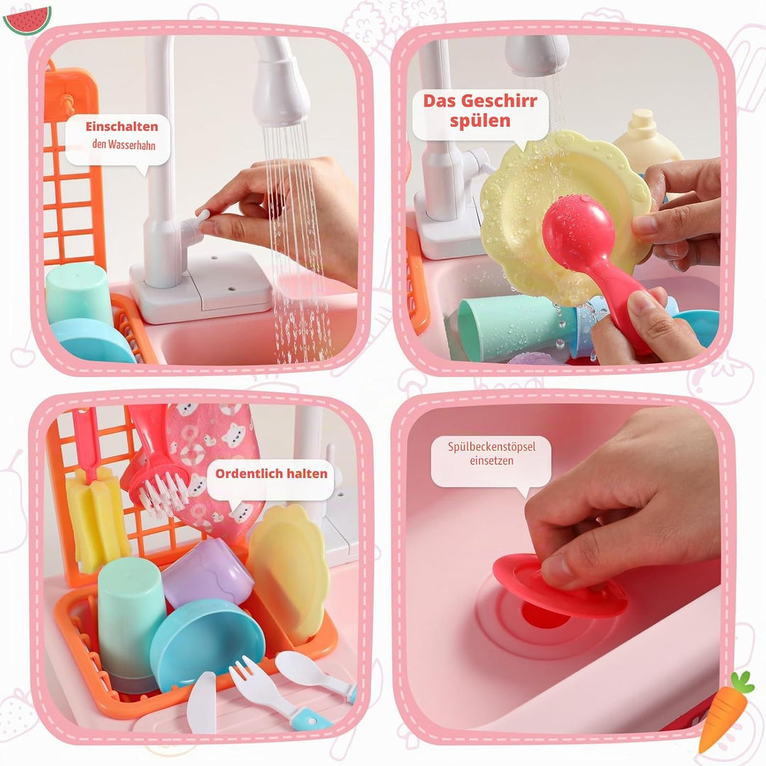 Mini Tudou Kinderwaschbecken Spielzeug,Spielspüle Spielzeug mit Automatischem Wasserzyklus-System, E