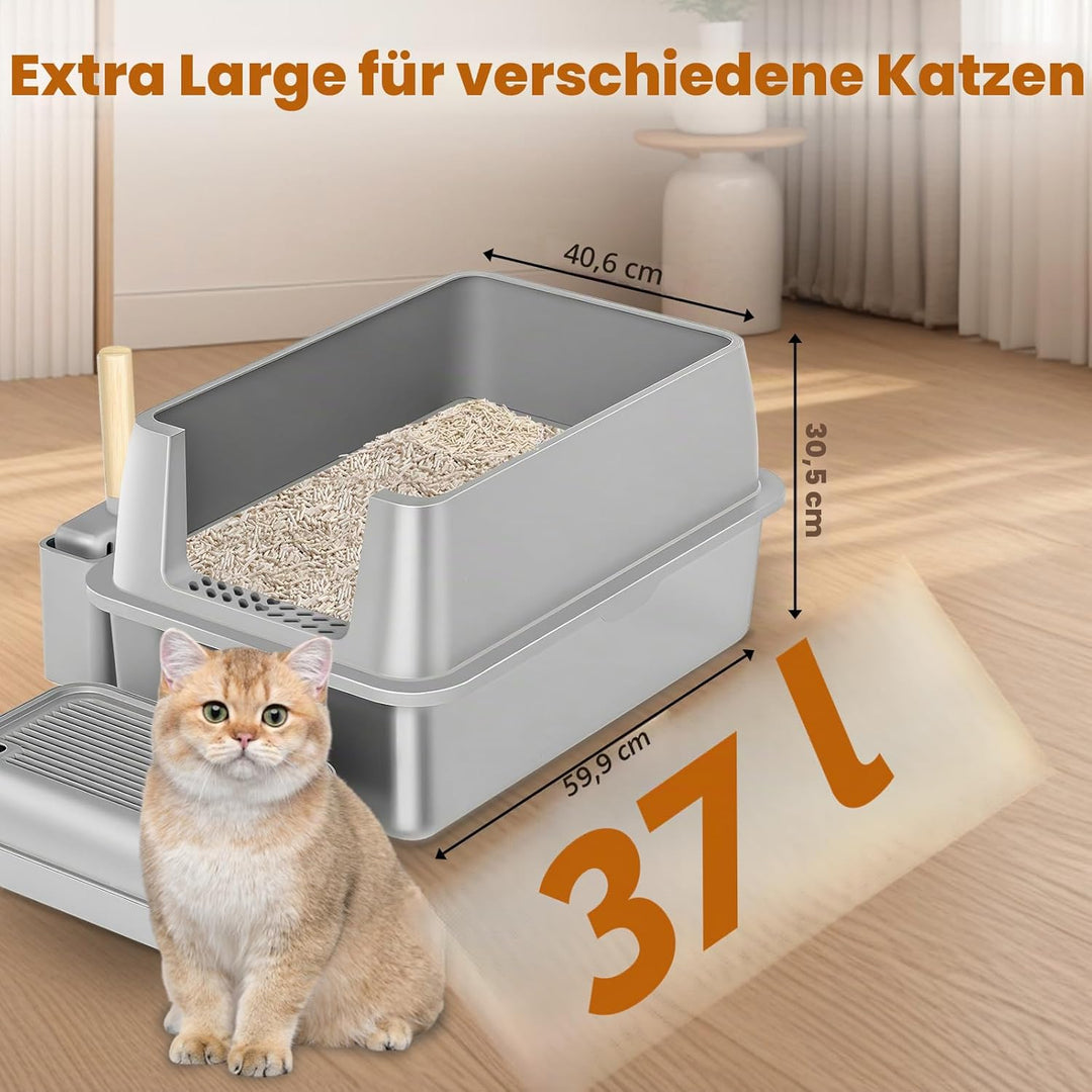 Edelstahl Katzenklo XXL 37L – Geschlossene Katzentoilette für grosse Katzen, mit 120° Klappdeckel, T
