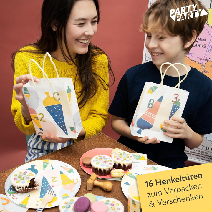 PARTY PARTY 80 Teile Einschulung Deko Set Geschirr + GESCHENKTÜTEN Schulanfang 16 Gäste (Pappbecher,