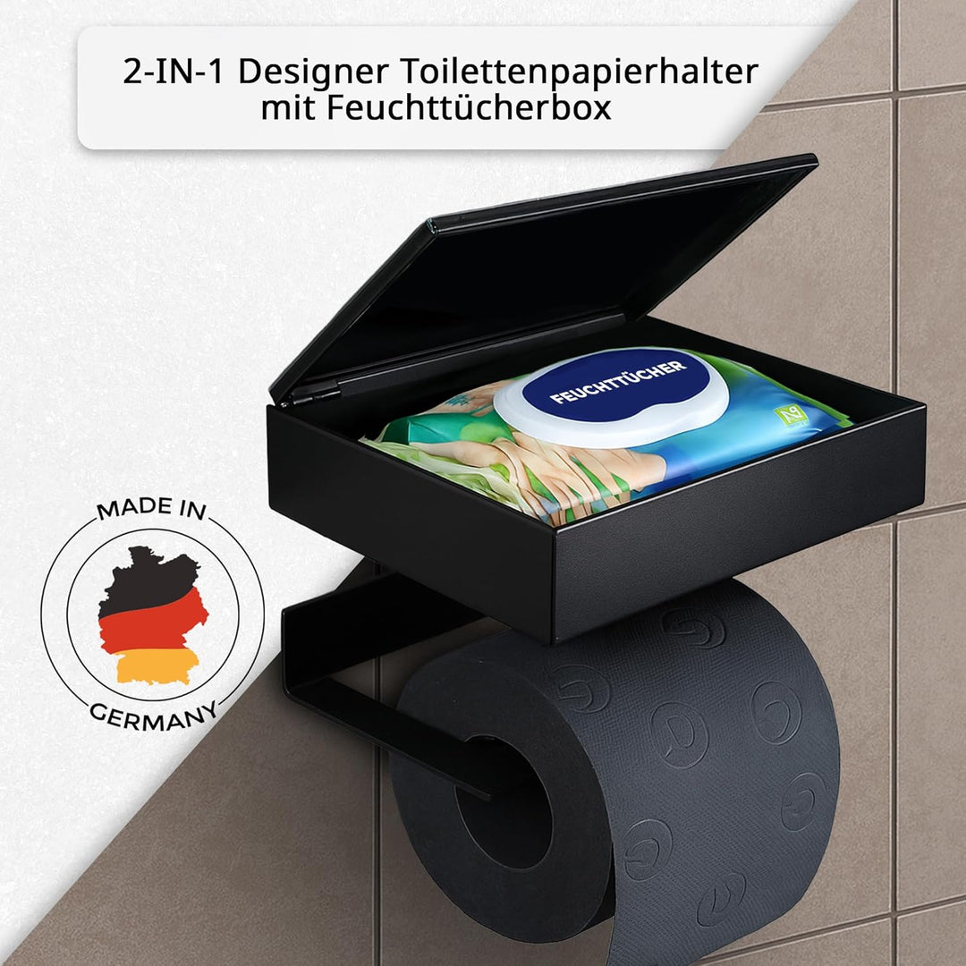 Toilettenpapierhalter mit Feuchttücherbox - Gehäuse Schwarz & Abdeckung Glas Schwarz- befüllbar von