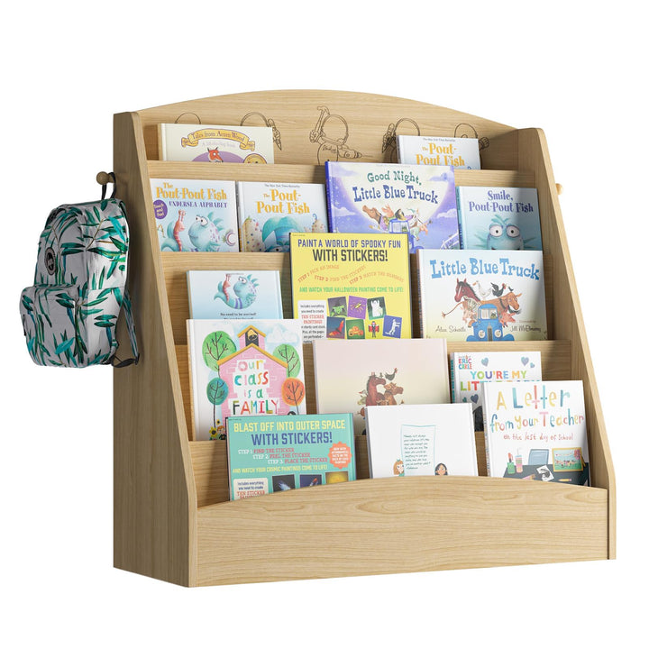 NACHES Kinder Bücherregal mit 5 offenen Fächern und Haken, Kinderregal Holz, Montessori Aufbewahrung