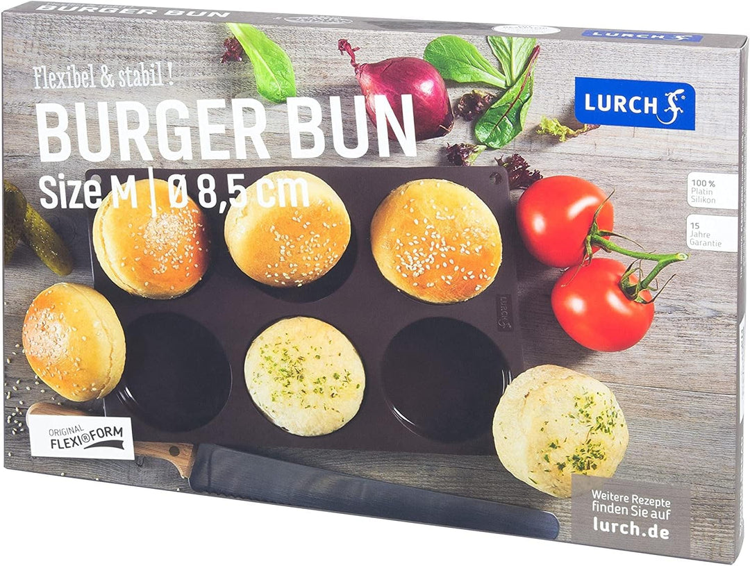 Lurch 85086 FlexiForm Burger Buns / Backform aus Silikon für 8,5 cm Pattys, 6-Fach, Braun Ø 8,5 cm B