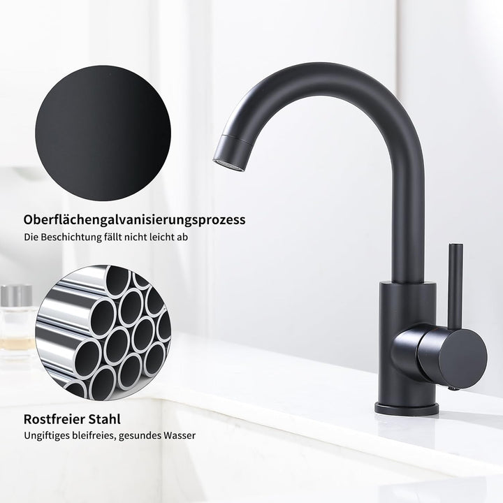 HOMELODY Niederdruck Armatur Bad/Küche Schwarz Waschtischarmatur 360° Drehbar Wasserhahn Bad Armatur
