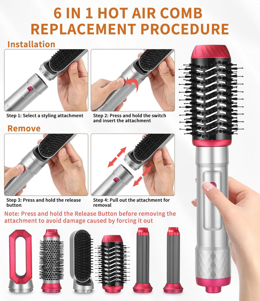 Haarstyler 6 in 1,Warmluftbürste mit 1000W Haarföhn,Lockenstab,Warmluftbürste,Rundbürstenföhn,Glättb