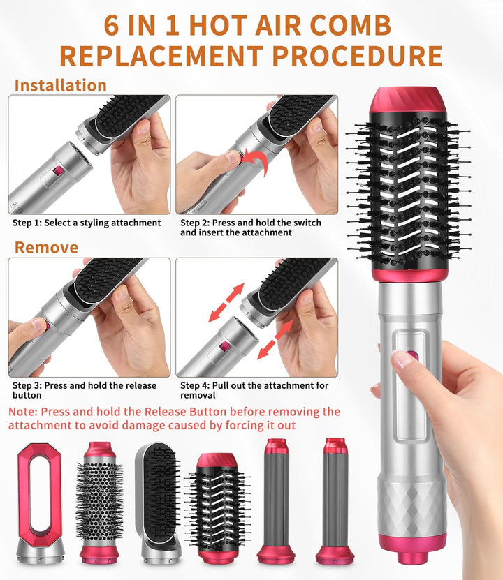 Haarstyler 6 in 1,Warmluftbürste mit 1000W Haarföhn,Lockenstab,Warmluftbürste,Rundbürstenföhn,Glättb