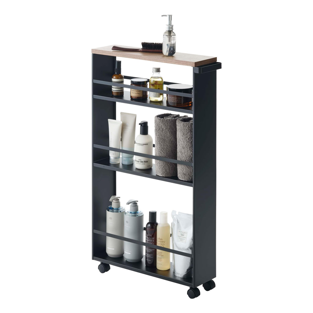 Yamazaki 3628 TOWER Nischenwagen mit Griff, schwarz, Stahl/Holz, Minimalistisches Design Schwarz Sin
