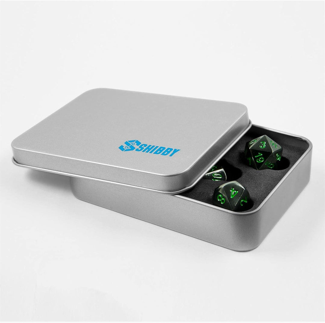shibby 7 polyedrische Metall-Würfel - Verchromt - für Tabletop und Rollenspiele inkl. Aufbewahrungsb
