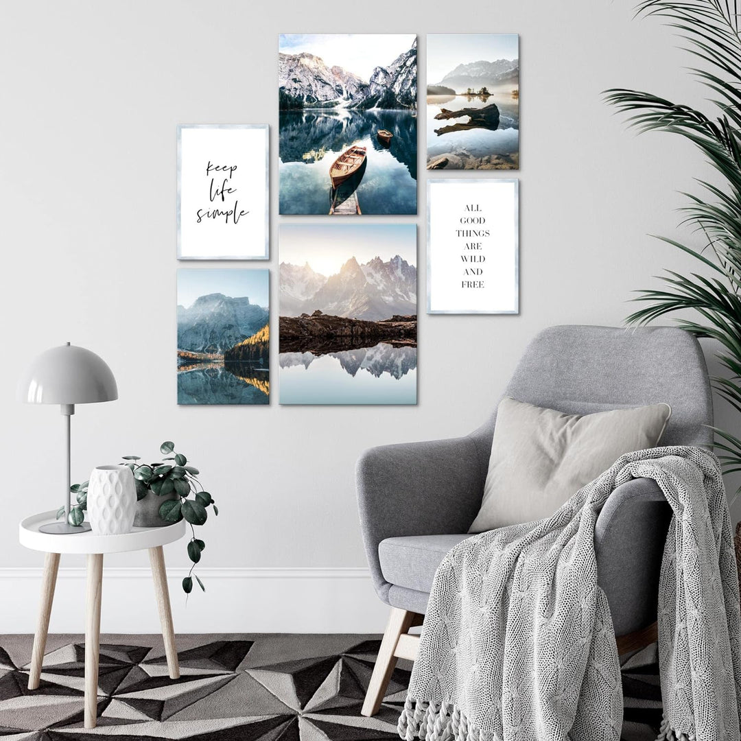 Novart Bilder Set - AUFHÄNGFERTIG - KEIN EXTRA RAHMEN BENÖTIGT - See Berge blau Modern Natur - Wohnz