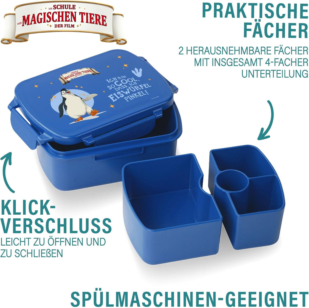 AWAVE Die Schule der Magischen Tiere Brotdose Kinder mit Fächern rPET Blau Juri Snackbox 1 L mit Dec