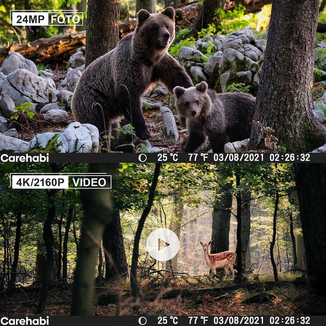 Carehabi 24MP 4K Wildkamera nachtsichtgerät mit 64 GB SD U3 Speicherkarte 46pcs-940nm-IR-LED 28m Nac