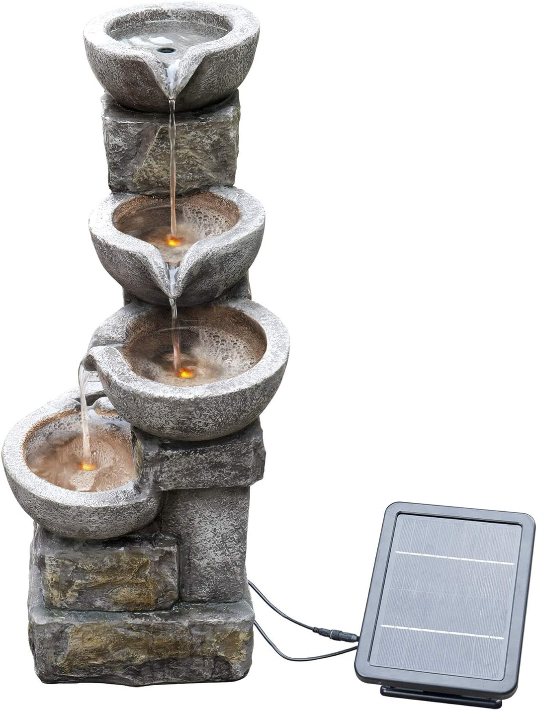 Solar-Wasserbrunnen für den Garten aus Stein mit Ornamenten und LEDs PT-SF0003