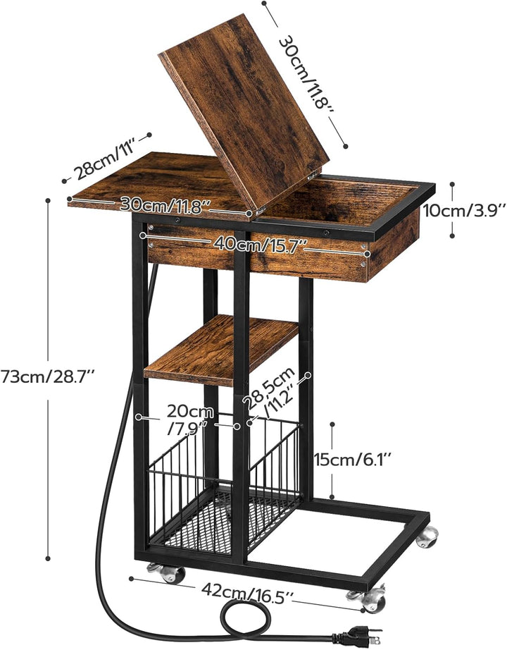 HOOBRO Beistelltisch mit Ladestation, Flip C-Form Sofatisch, Couchtisch mit Rädern und Ablagefläche,