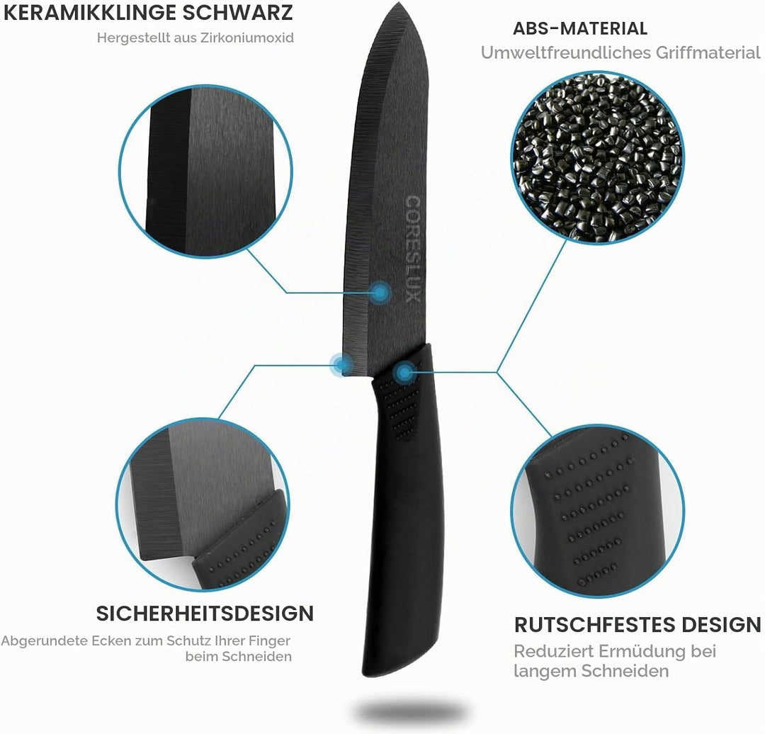 CORESLUX Keramikmesser Set, 4 Keramik Küchenmesser Set mit 1 Sparschäler, Antihaftbeschichtet, Schar