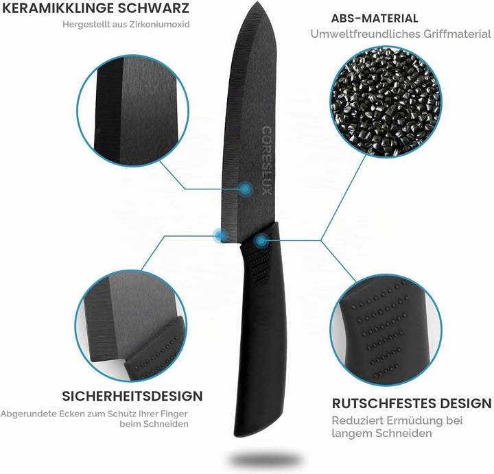 CORESLUX Keramikmesser Set, 4 Keramik Küchenmesser Set mit 1 Sparschäler, Antihaftbeschichtet, Schar