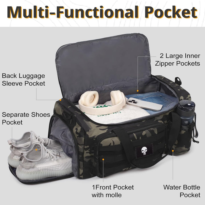 Taktische Sporttasche für Herren, 60L grosse Reisetasche mit Schuhfach, Sporttasche mit Nassfach, Mu