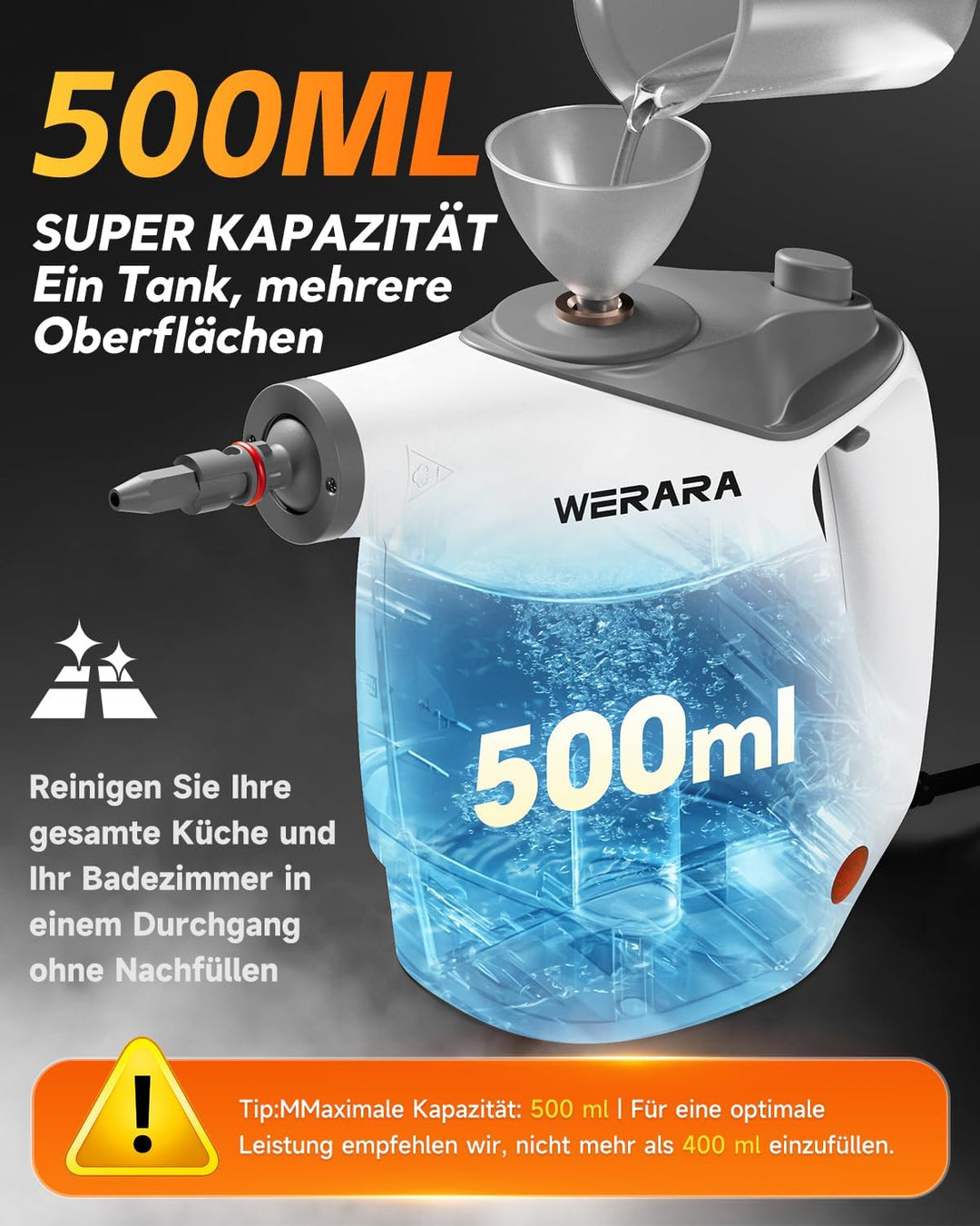 Dampfreiniger Handgerät,500 ml Steam Cleaner, 1050 Watt Hochdruckfunktion, mit 16 Zubehörteilen und