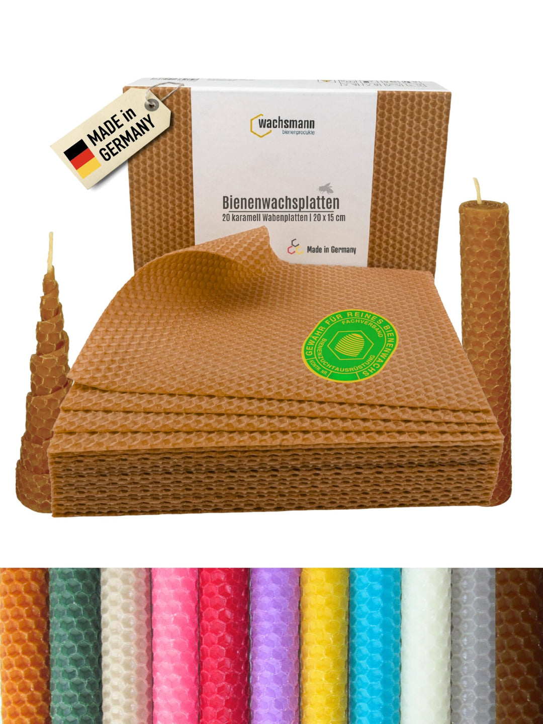 Wachsmann 20 Bienenwachsplatten aus Deutschland, karamell, Wachsplatten 20 x 15 cm, Bienenwachs Kerz