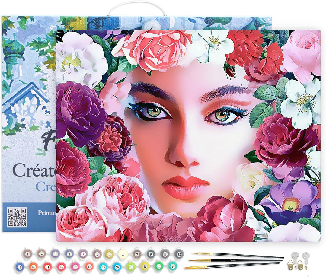 Figured'Art Malen Nach Zahlen Erwachsene Mit Rahmen Gesicht und Blumen - Paint by Numbers Basteln DI