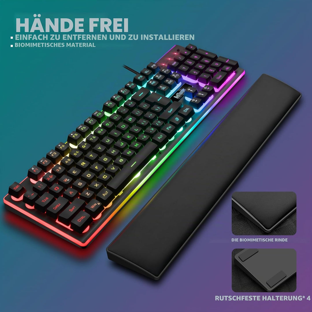 RedThunder K10 Gaming-Tastatur- und Maus-Set, Layout IT Metallplatte und Handballenauflage, RGB-Hint