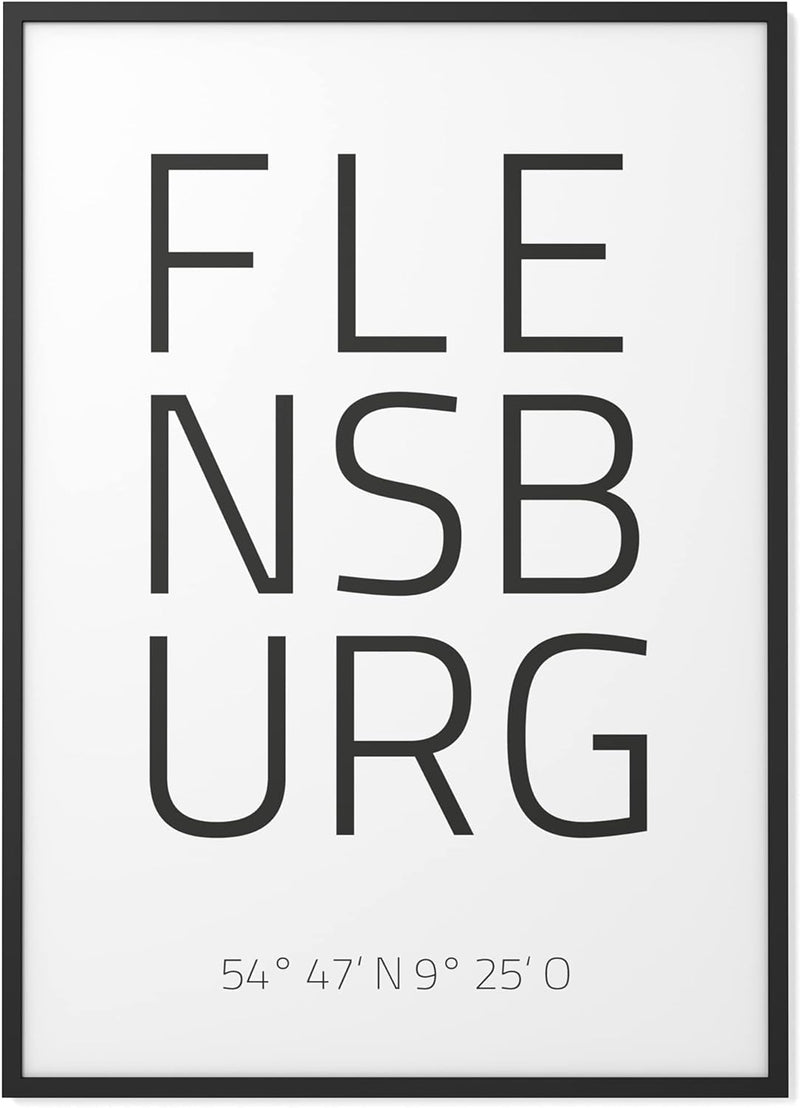 Papierschmiede® Geo Poster Koordinaten Flensburg, A3 Gerahmt im Holzrahmen (schwarz), Stadt Bild als