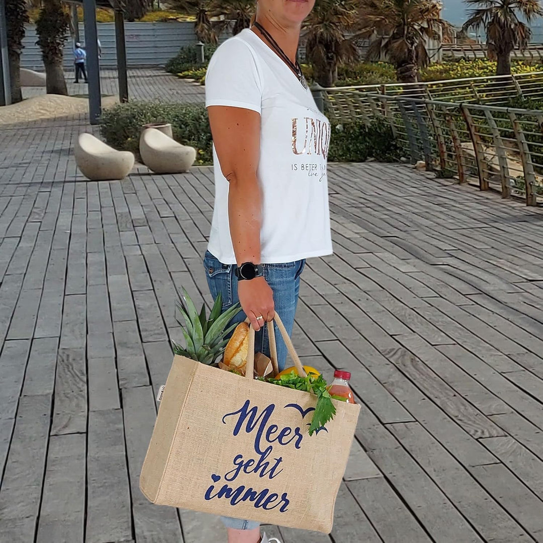 Domelo Jutetasche vegane Einkaufstasche gross Einkaufskörbe bedruckt beige | Leichte Tragetasche 24L