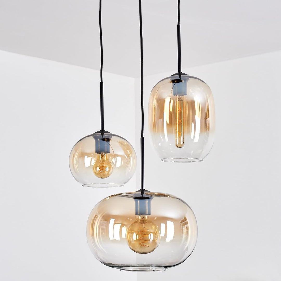 HOFSTEIN Hängeleuchte Apedo, 3-flammige Hängelampe aus Metall/Glas in Schwarz/Bernstein/Klar, modern