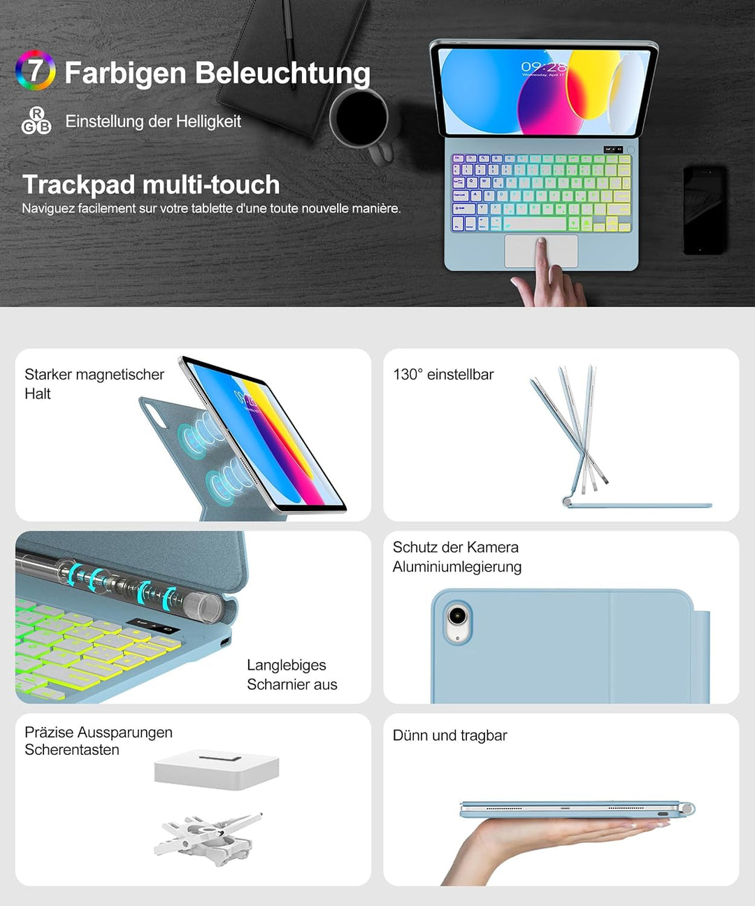 JADEMALL Magic Keyboard Für iPad A16 11/10. Gen mit TP &amp; Beleuchtung QWERTZ | Magic Keyboard für iPa