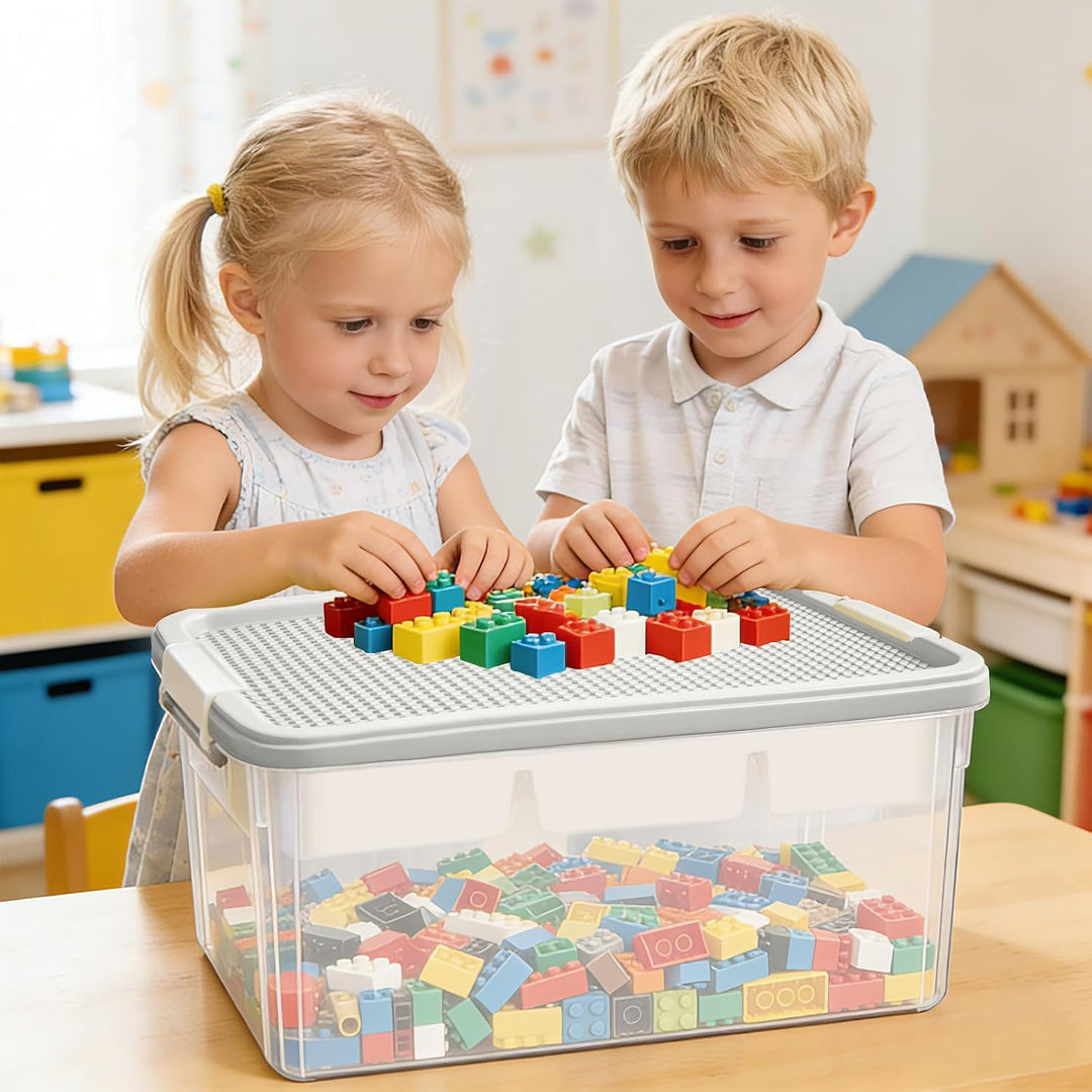 Aufbewahrungsbox Spielzeug mit Deckel, AbnehmbaresTablett und Bauplatte,Spielzeug Box für Bausteine,