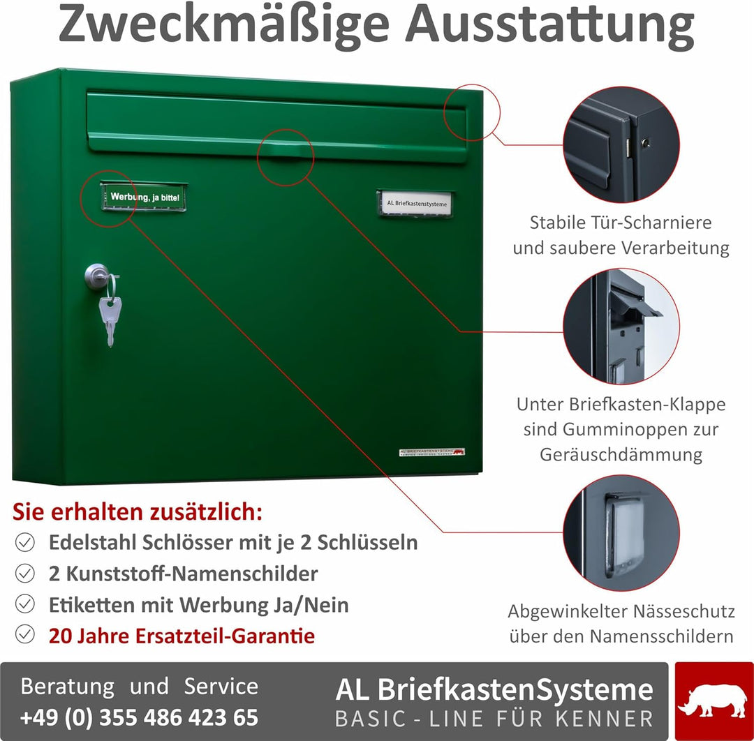 AL Briefkastensysteme Basic 4er Briefkasten RAL 6005 Moos Grün 4 Fach DIN A4 wetterfest Briefkastena