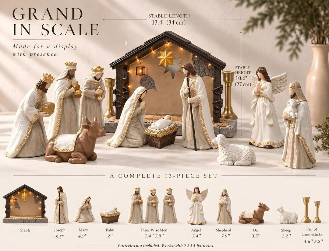 Decostatue Weihnachtskrippen-Set mit Stall, 13-teilig, Innenbereich Beige Krippenfiguren Set（13pcs）,