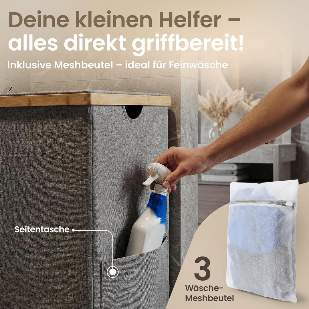 Wäschekorb 3 Fächer mit Deckel – kein Klett, keine Schlaufen, herausnehmbare Wäschesäcke, stabiler B