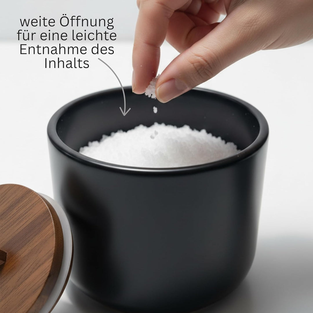 Salztopf Keramik CURVE - Luftdichte Salzdose mit Deckel aus Akazienholz. Grosse Öffnung, Ideal als S