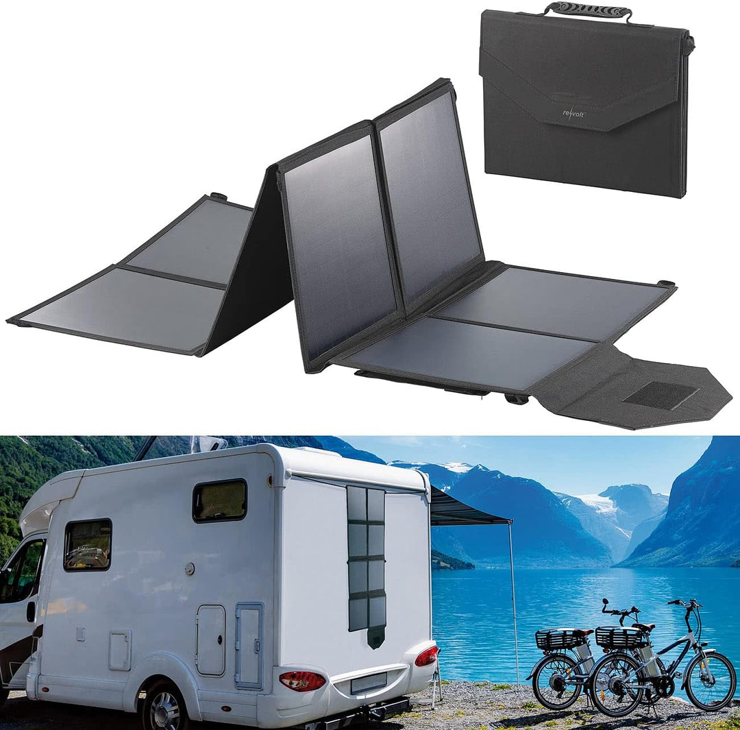 revolt Faltpanel: Mobiles, faltbares Solarpanel, 8 monokristalline Solarzellen, 100 Watt (Solarpanel