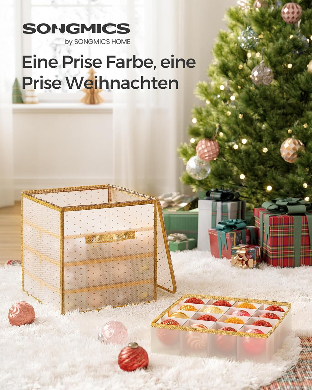 SONGMICS Aufbewahrungsbox für Weihnachtskugeln, Weihnachtskugeln Aufbewahrung, 64 Fächer je 7,6 cm,