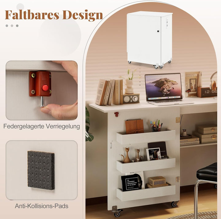 RELAX4LIFE 2 in 1 Nähtisch, Nähmaschinenschrank klappbar mit Ladestation, Nähschrank aus Holz mit Re