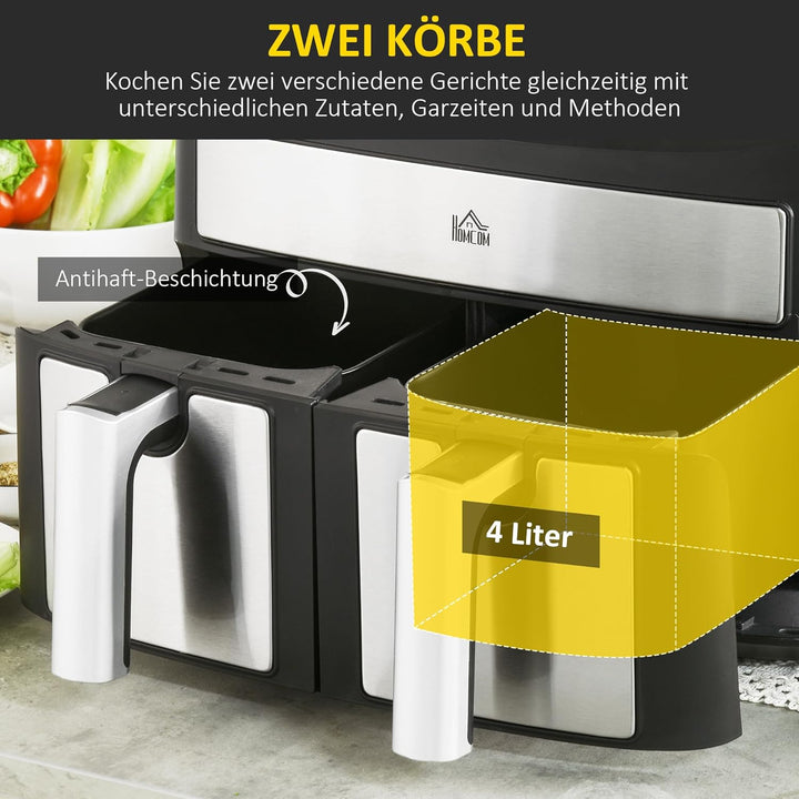 HOMCOM Heissluftfritteuse 8L Fritteuse mit Doppelkammer, Airfryer mit 10 Programmen, 2400 W Luftfrit
