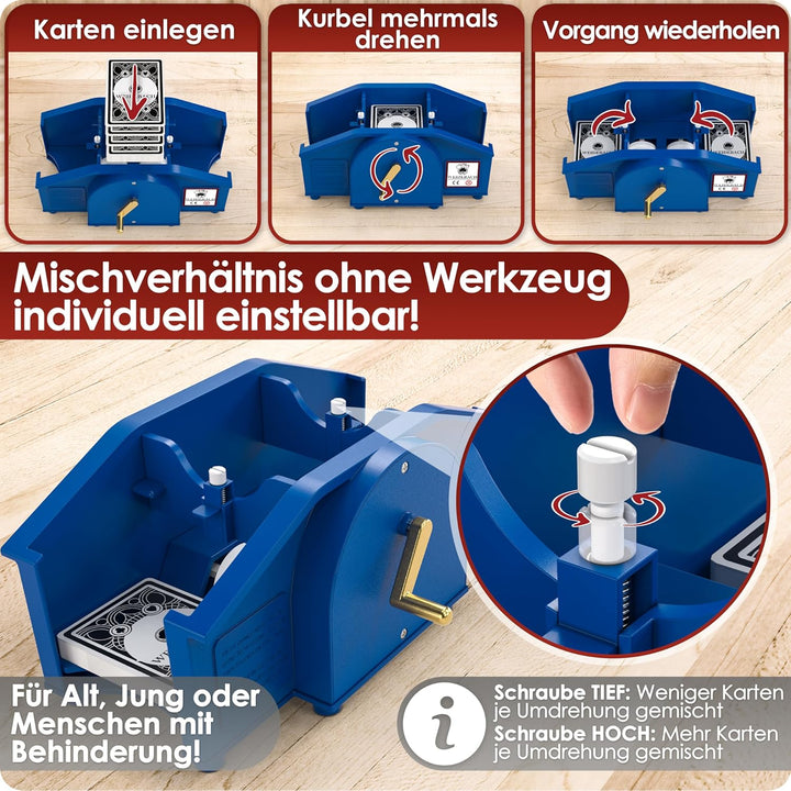 Weidebach® Blaue Kartenmischmaschine mit Goldener Kurbel für alle Standard Kartenspiele, Kartenmisch