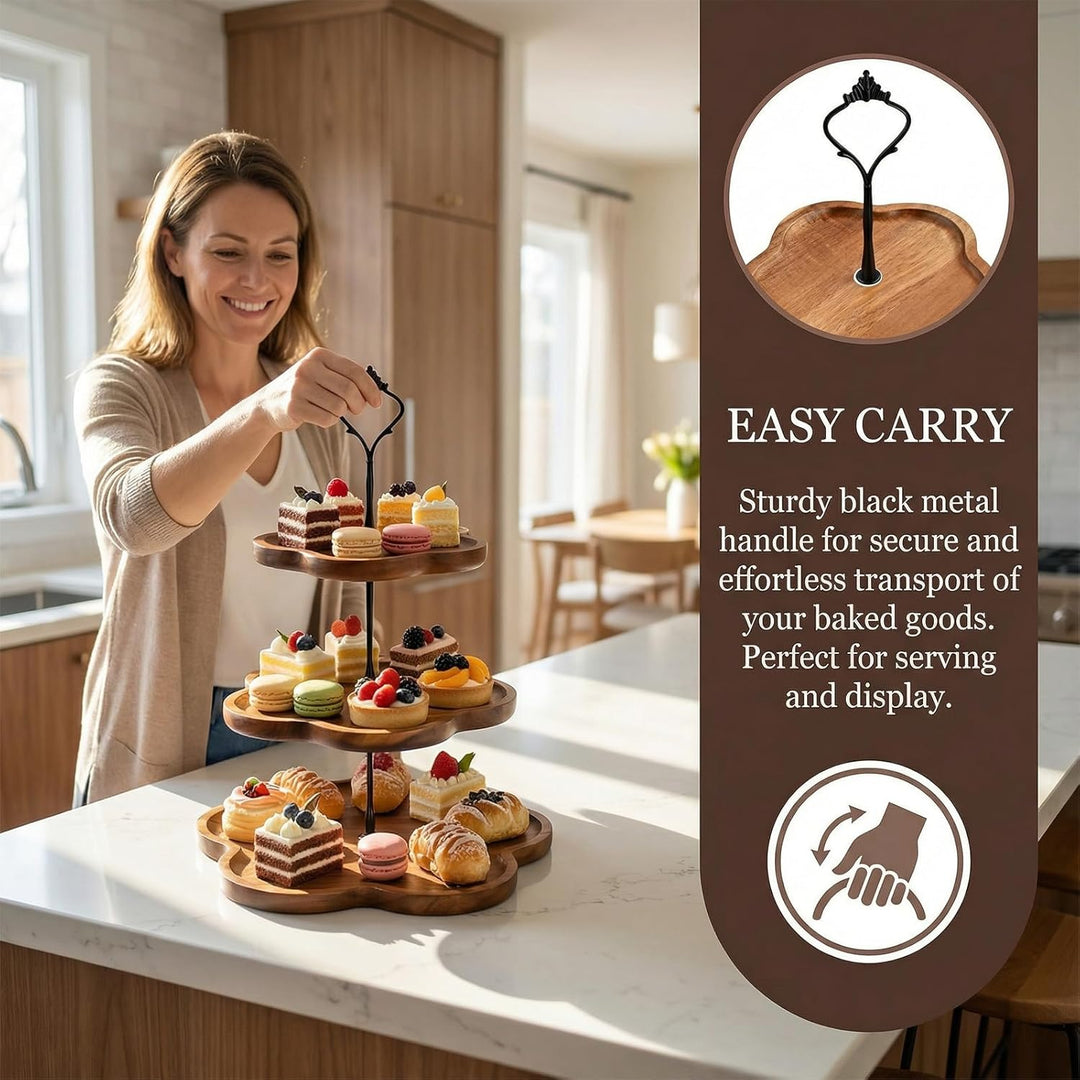 Etagere 3 Etagen Holz, Tortenständer 3 Stöckig, Cupcake Ständer mit Metallgriff, Kuchenständer, Serv