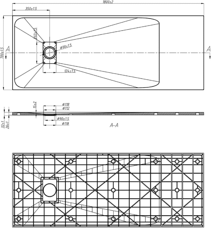 WITEN&NOCK SMC Duschwanne 180x70cm weiss Brausewanne Duschtasse extra flache Steinoptik Antirutsch i