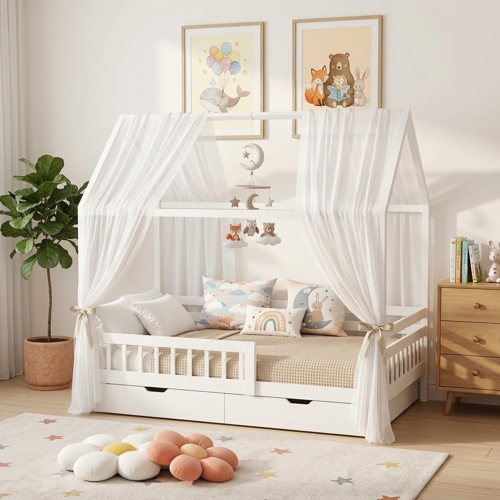 Hausbett Himmel 2er Set – Kinderbett Vorhänge für Hausbett, Montessori Kinderzimmer Deko, Betthimmel