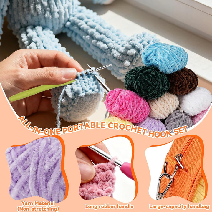 LetCart 36 Stück Häkelset für Anfänger, 10 Farben Chenille-Garn Häkelnadeln Stricknadeln, 3 Häkeln,