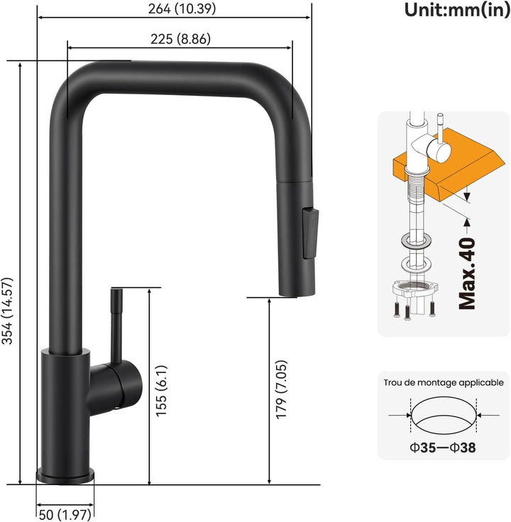 CECIPA Wasserhahn für Küche - Schwarz, Ausziehbare Küchenarmatur mit Brause, 360° Schwenkbar, Zwei S