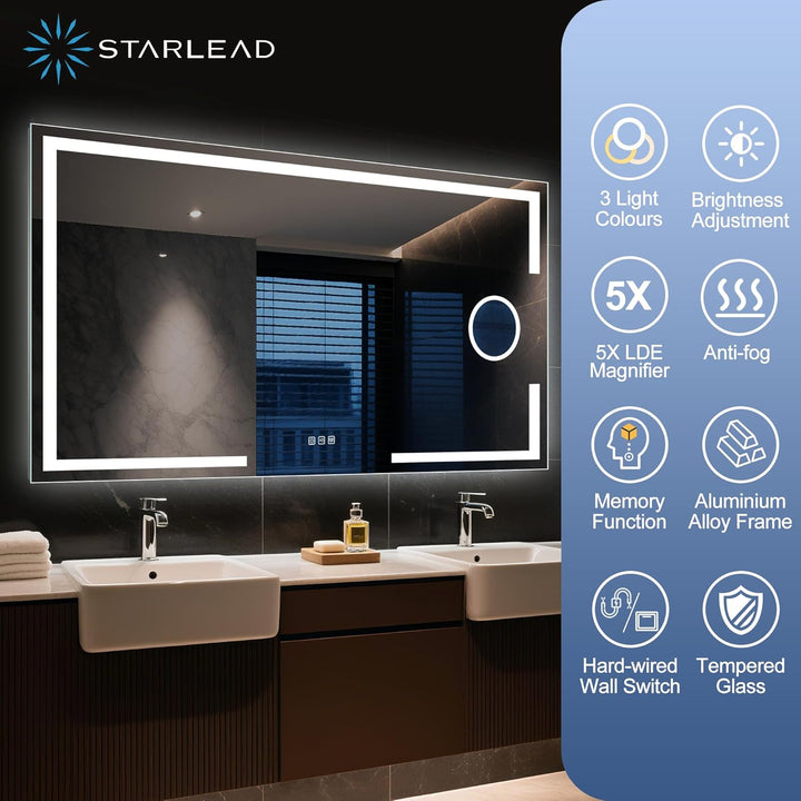 STARLEAD Badspiegel-mit-Beleuchtung 120x70cm, Badezimmerspiegel mit 5X Vergrösserungsspiegel-mit-Lic