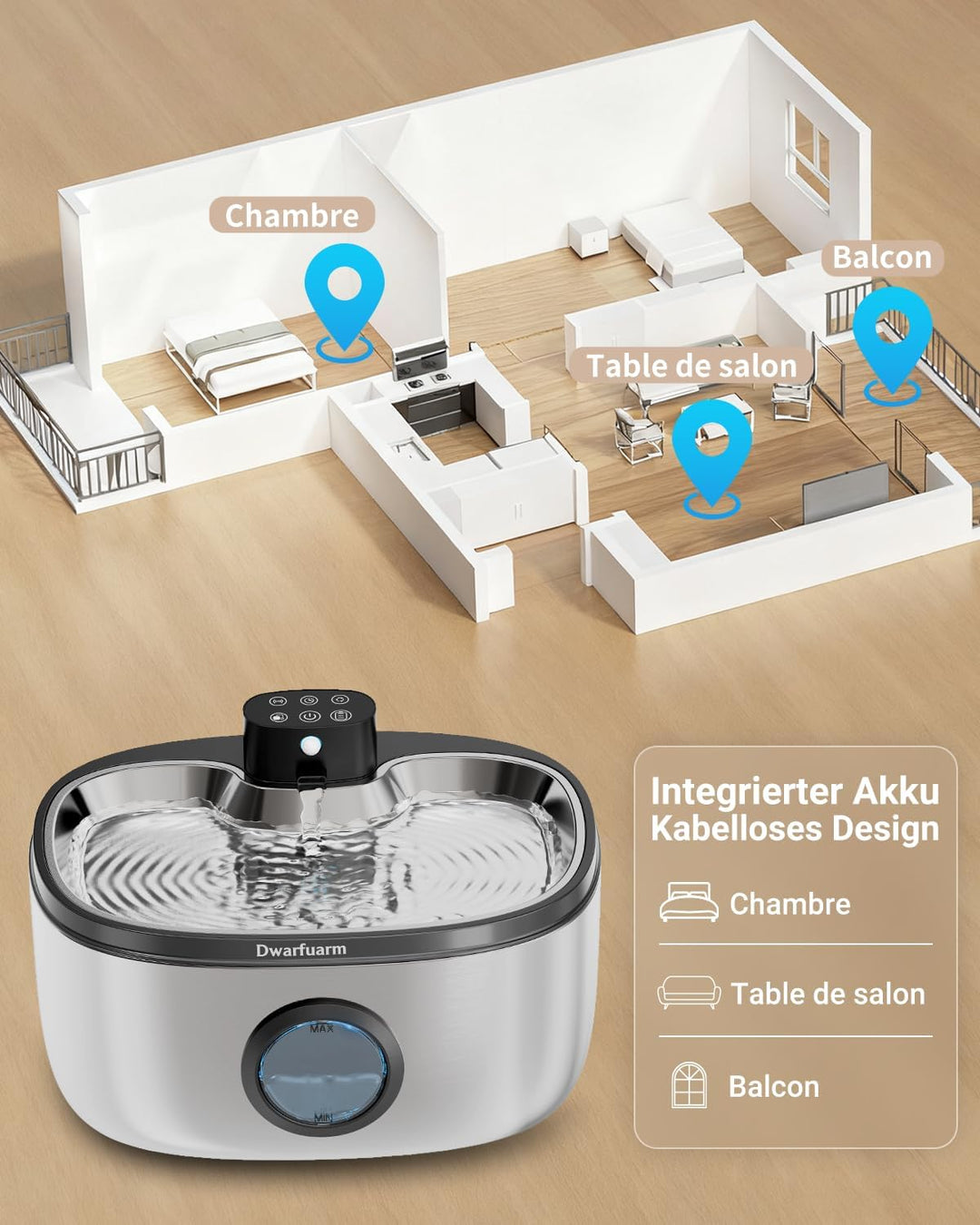 5L Trinkbrunnen für Hunde, Katzenbrunnen Kabellos mit 4000mAh, Edelstahl Hundebrunnen mit LED Sensor