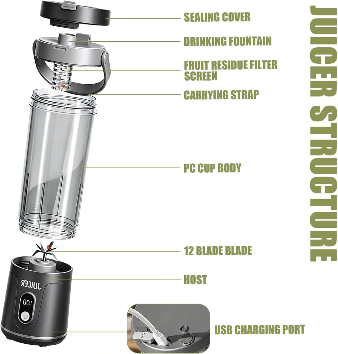 600ml Tragbarer Mixer Smoothie Maker to Go, Mini Standmixer, USB Aufladbarer, Kabellos Smoothie-Make