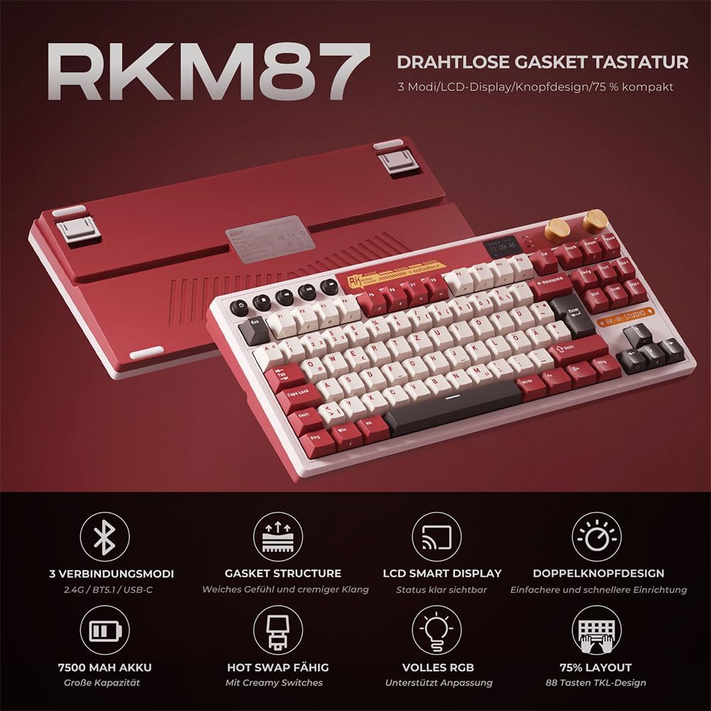 RK ROYAL KLUDGE M87 Mechanische Tastatur Kabellos mit Display und Doppelknopf, Gasket 75% Gaming Tas