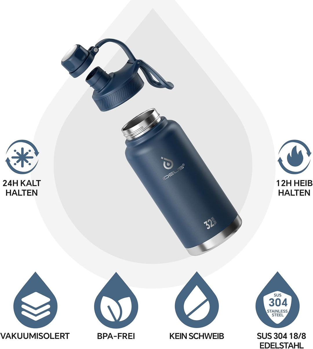 IDEUS Vakuumisolierte Wasserflasche, 32oz (950 ml) Edelstahl Doppelwand Flasche Metall Sport Kantine