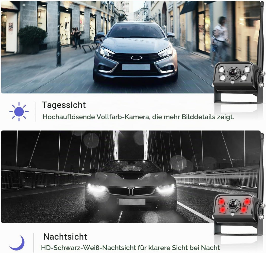 9 Zoll HD Monitor Digital Kabellos Rückfahrkamera Set mit Loop-Aufzeichnung, Nachtsicht, Wasserdicht
